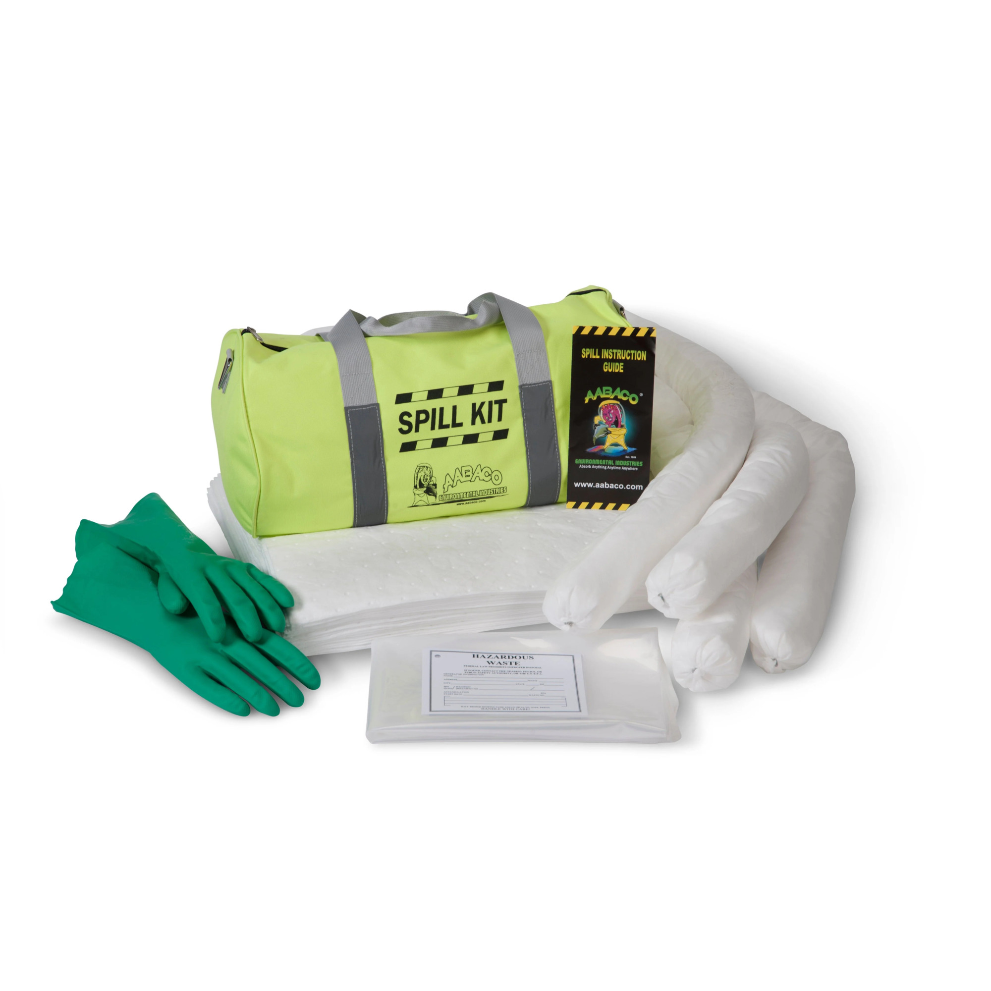 AABACO Oil Only Spill Kit absorbs up to 16 gallons and is packaged in a high-visibility, easy-to-carry duffel bag for fast response to any spill.